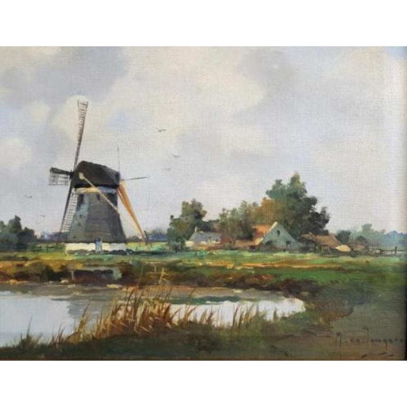 Marius de Jongere -Hollands polderlandschap met molen