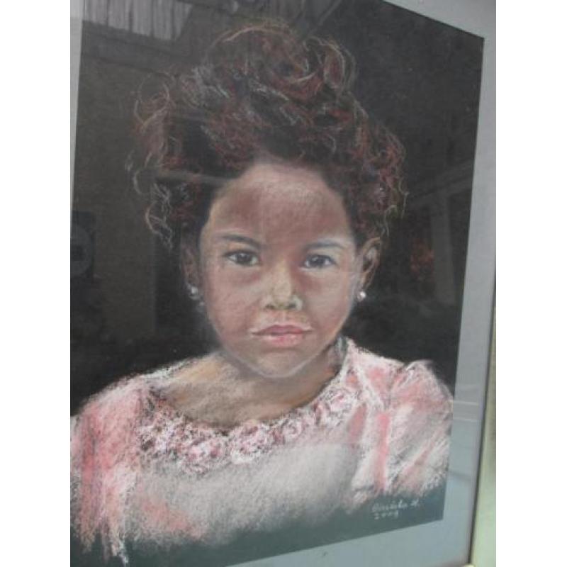 Pastel Portret Meisje met Zwarte Krullen Christa Hoek 2009