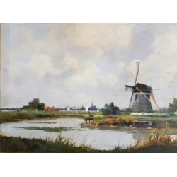 Marius de Jongere -Hollands polderlandschap met molen