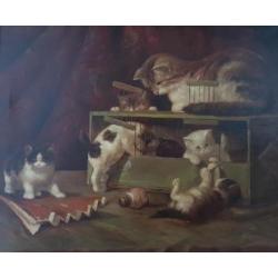 J.J. Hovener - Jan Hovener - Moederpoes met zes kittens