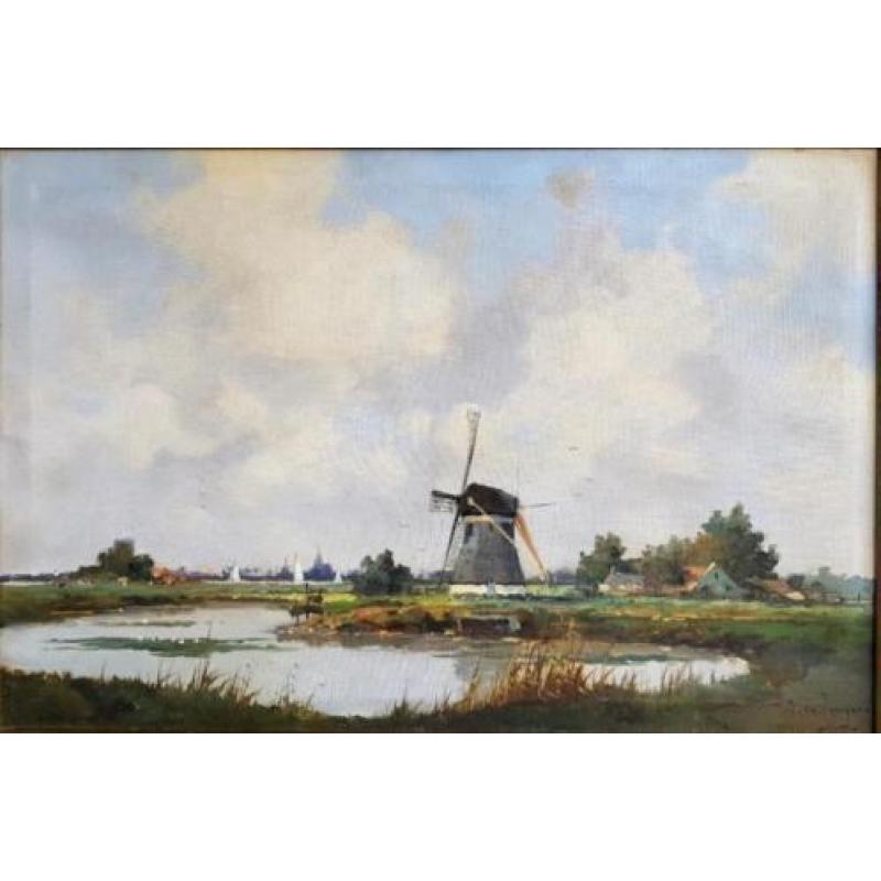 Marius de Jongere -Hollands polderlandschap met molen