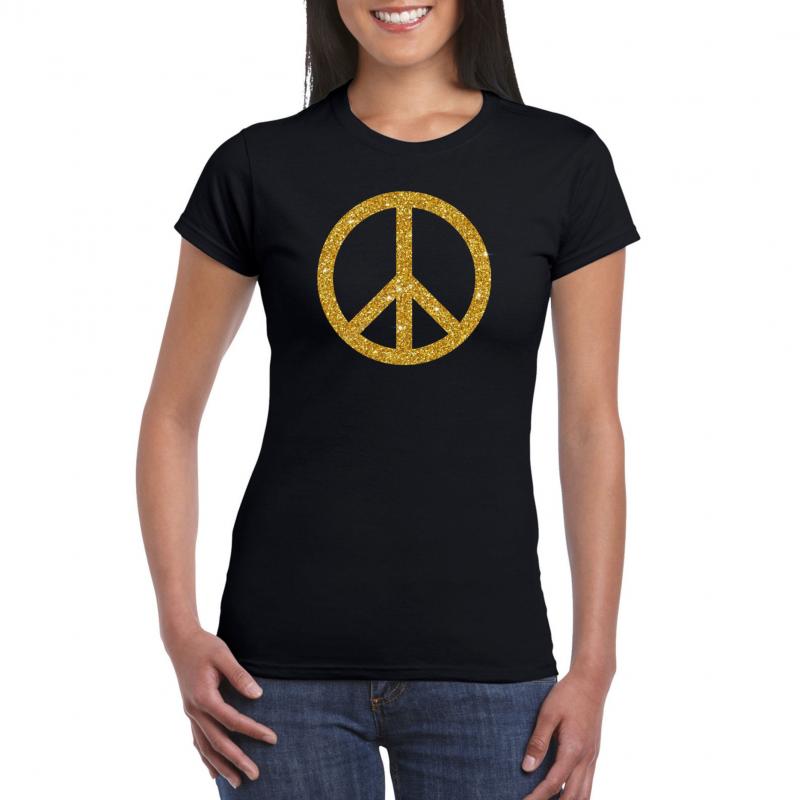 Toppers - Zwart Flower Power t-shirt gouden glitter peace teken dames